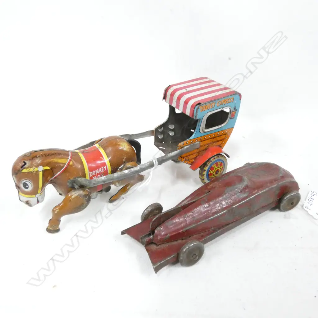 2 OLD TIN PLATE TOYS; DONKEY EXPRESS DONKEY & CART WIND UP TOY (L 170MM) & TIN PLATE RACER CAR L. 155MM Image 1++